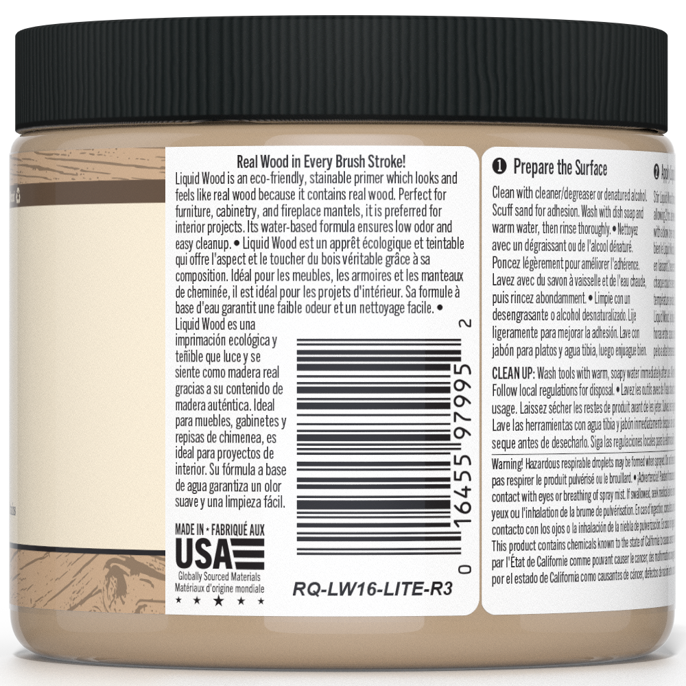 Retique It® Liquid Wood 16oz Light interior paint in a bottle, showcasing smooth, light-colored wood finish for interior surfaces.