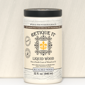 Liquid Wood 32oz bleached interior paint by Retique It®, showing the sealed container with product label and color sample.