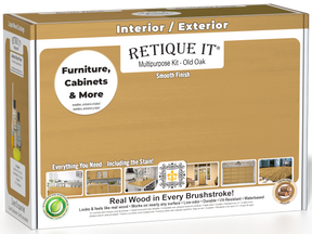 Retique It® Multi-purpose Smooth Finish Kit in Old Oak, wood finishing kit with application tools and sample wood finish.