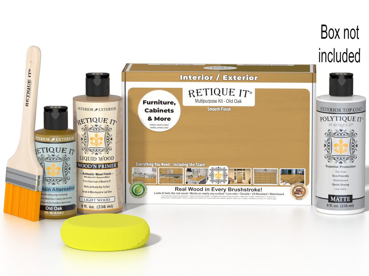 Retique It® Multi-purpose Smooth Finish Kit in Old Oak for exterior wood furniture with matte top coat, includes application tools.