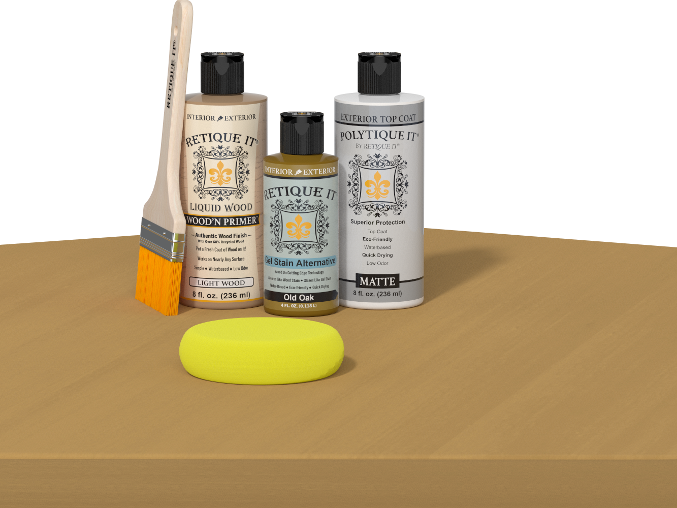 Retique It® Multi-purpose Smooth Finish Kit in Old Oak with exterior satin top coat, shown on a wooden table.