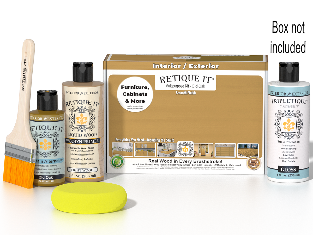Retique It Multi-purpose Smooth Finish Kit in Old Oak with gloss top coat, featuring wood finish application tools and packaging.