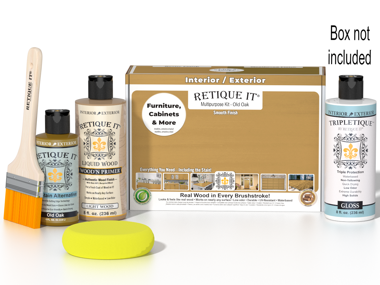 Retique It® Multi-purpose Smooth Finish Kit in Old Oak with gloss top coat, featuring wood finish application tools and packaging.
