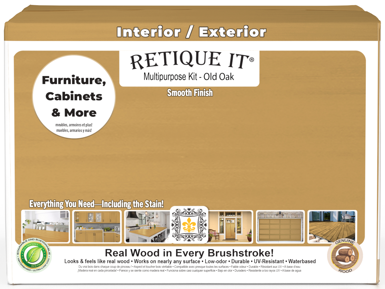 Retique It® Multi-purpose Smooth Finish Kit in Old Oak for interior wood top coating, featuring four large containers with branding.