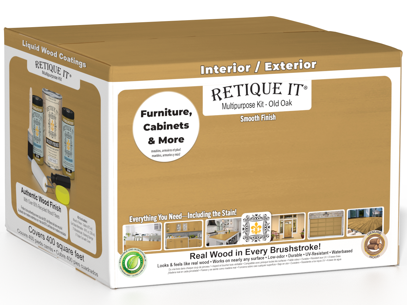Retique It® Multi-purpose Smooth Finish Kit in Old Oak for exterior wood projects, includes four large wood top coat bottles.