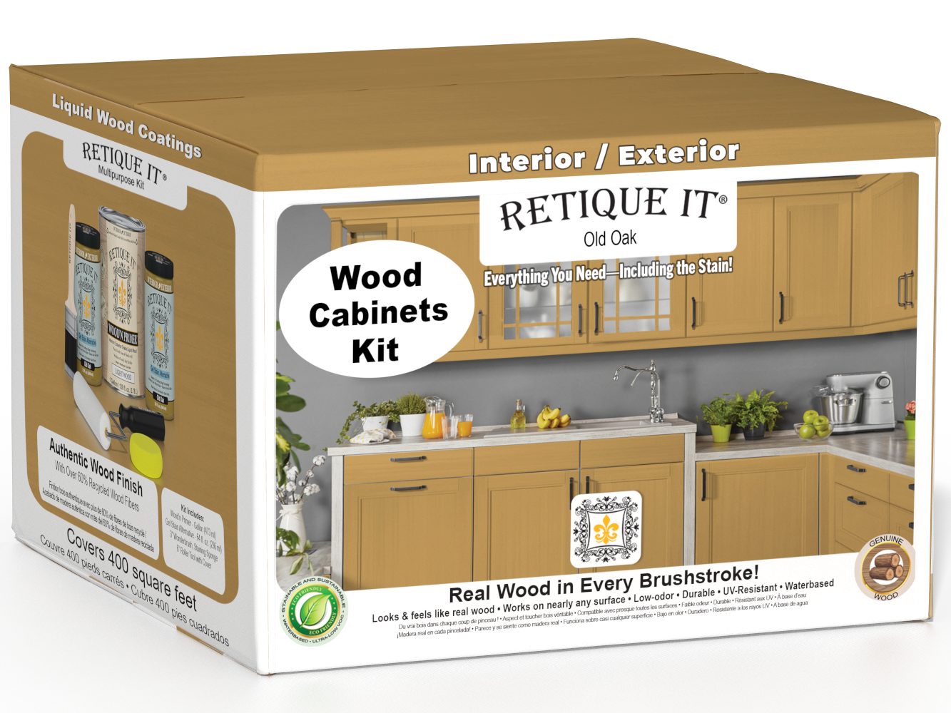 Retique It® Wood'n Cabinet Kit with 48 smooth Old Oak stained cabinet doors, showcasing natural wood grain and finish.