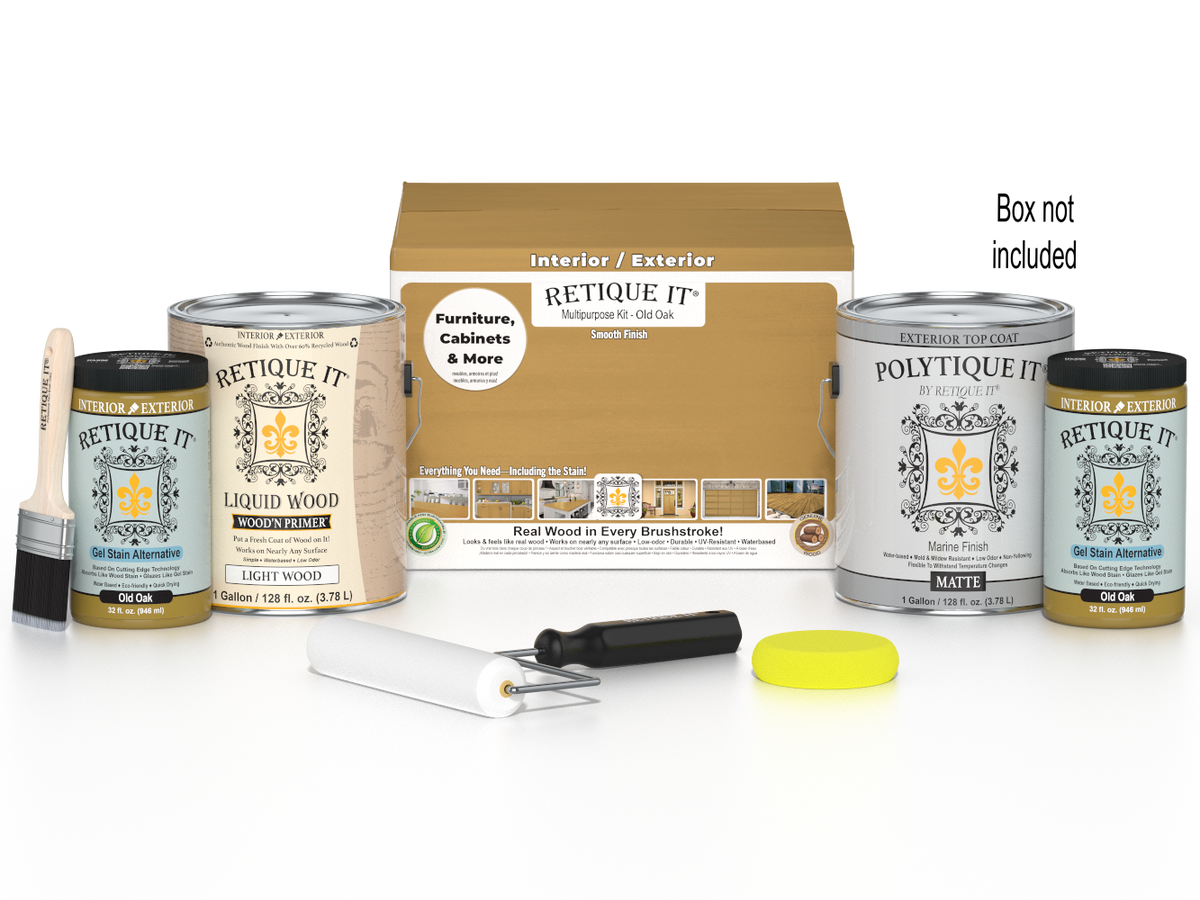 Retique It® Multi-purpose Smooth Finish Kit in Old Oak for exterior wood top coating, includes four large containers with wood finish.