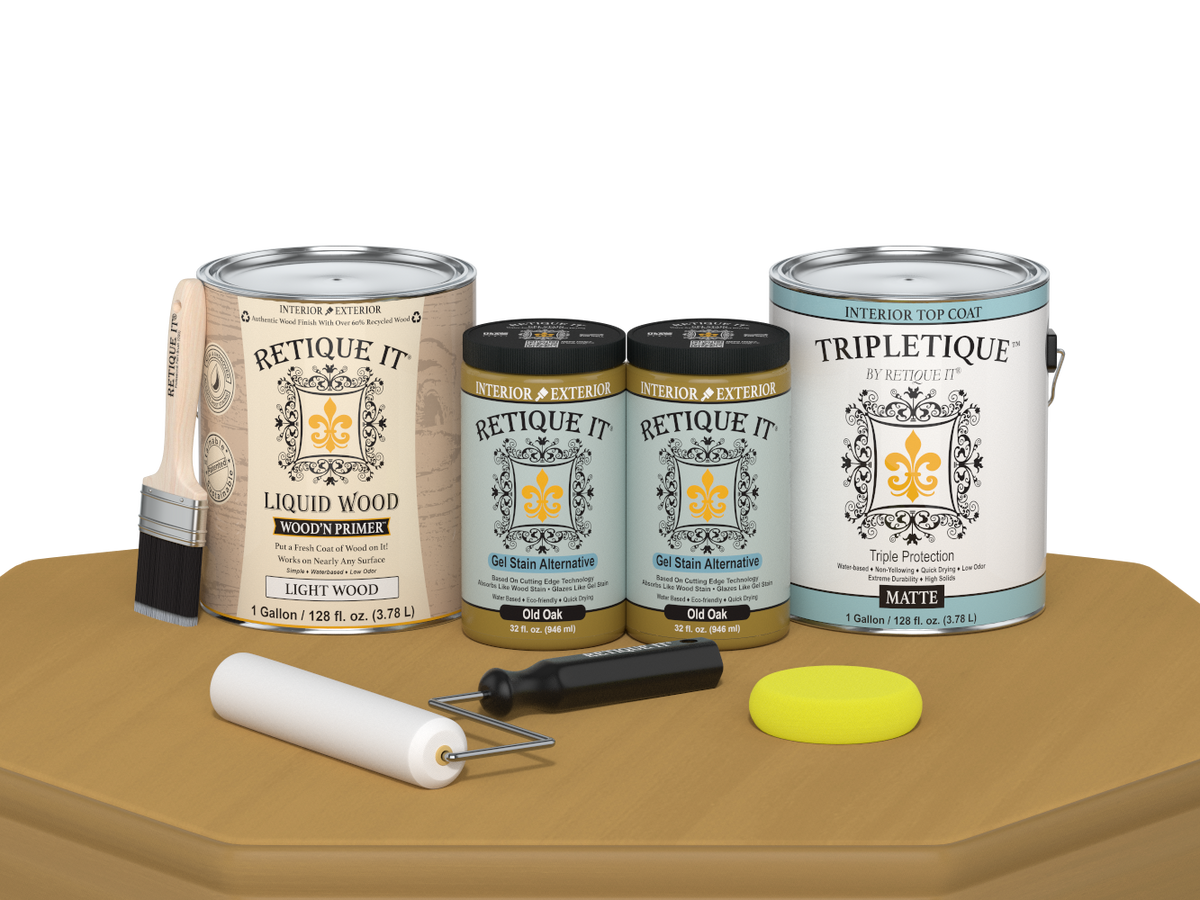 Retique It® Multi-purpose Smooth Finish Kit for Old Oak wood, includes four large top coat bottles, matte interior wood finish.