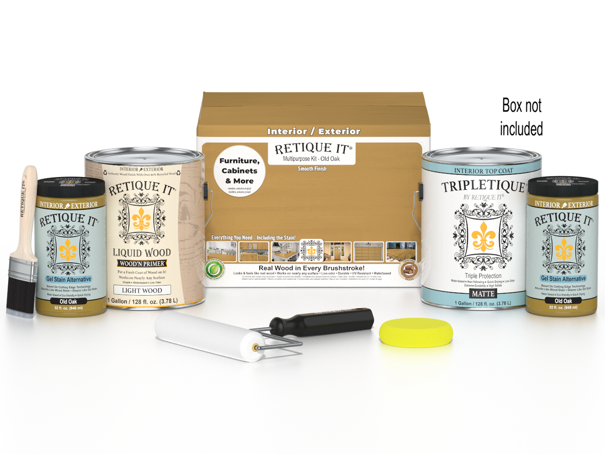 Retique It® Multi-purpose Smooth Finish Kit in Old Oak for interior wood projects, includes top coat and application tools.