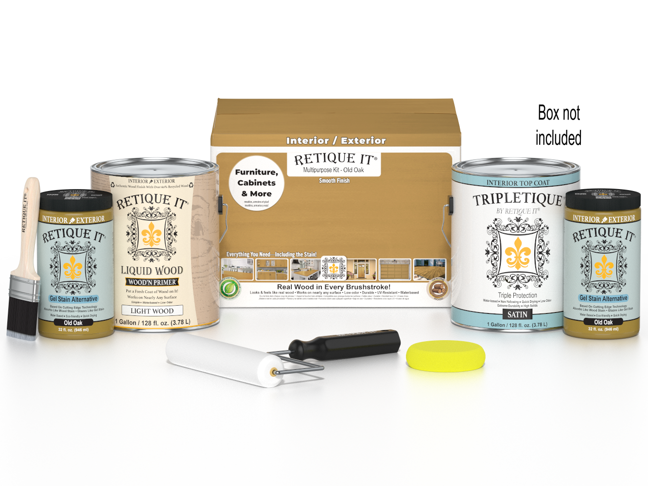 Retique It® Multi-purpose Smooth Finish Kit in Old Oak for wood interior top coat, includes four large containers with wood finish products.