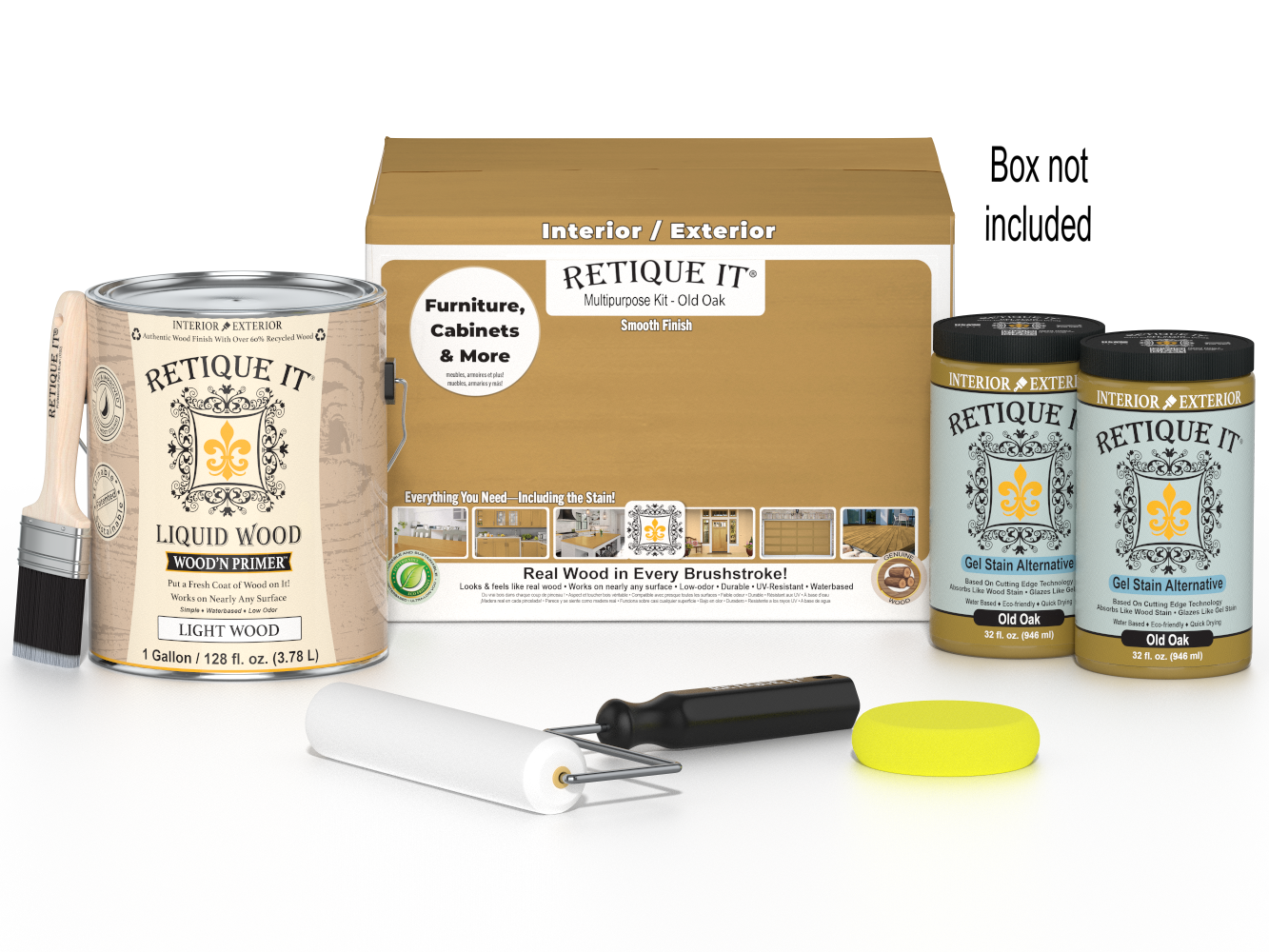 Retique It® Wood'n Finish Kit in Old Oak, large multi-purpose smooth finish set with four containers and applicator brushes.