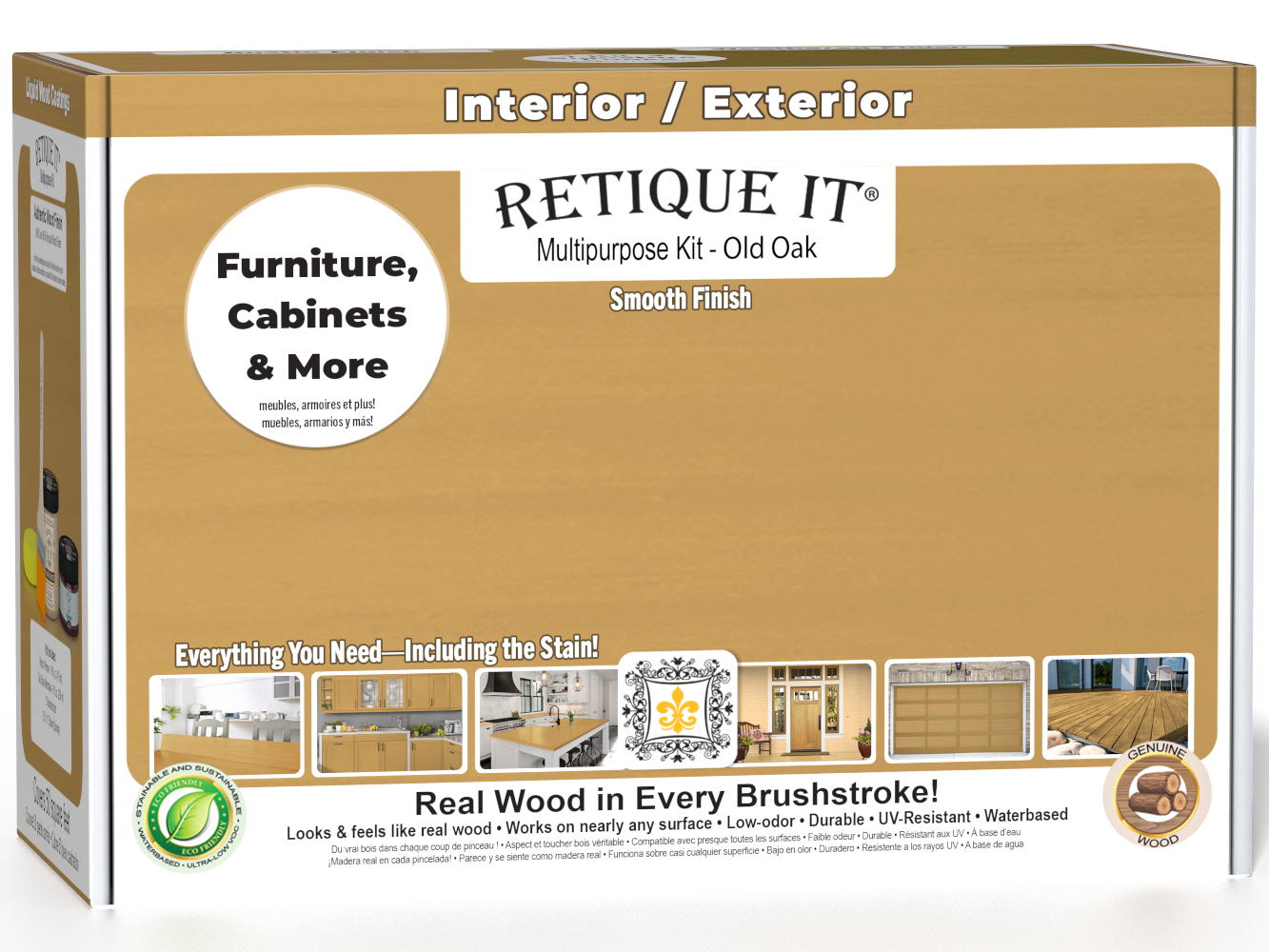 Retique It® Multi-purpose Smooth Finish Kit in Old Oak for interior wood top coating, shown in box with tools and product containers.