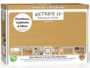 Retique It® Multi-purpose Smooth Finish Kit in Old Oak for interior wood top coating, shown in box with tools and product containers.