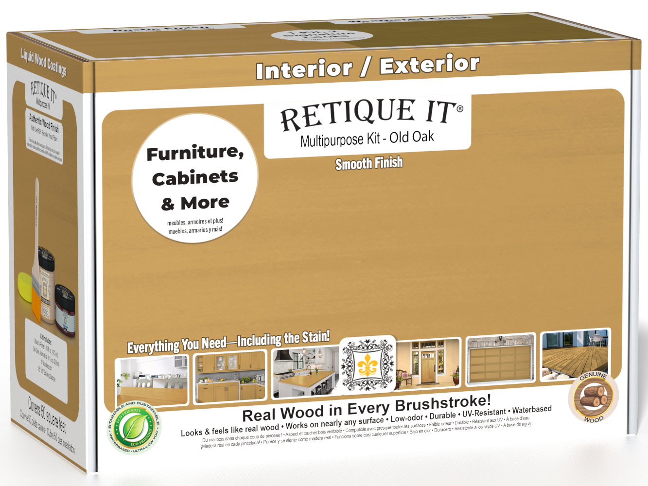 Retique It® Multi-purpose Smooth Finish Kit in Old Oak, interior top coat for wood furniture and surfaces, includes application tools.