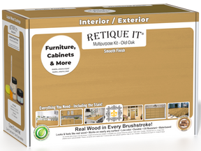 Retique It® Multi-purpose Smooth Finish Kit in Old Oak, interior top coat for wood furniture and surfaces, includes application tools.