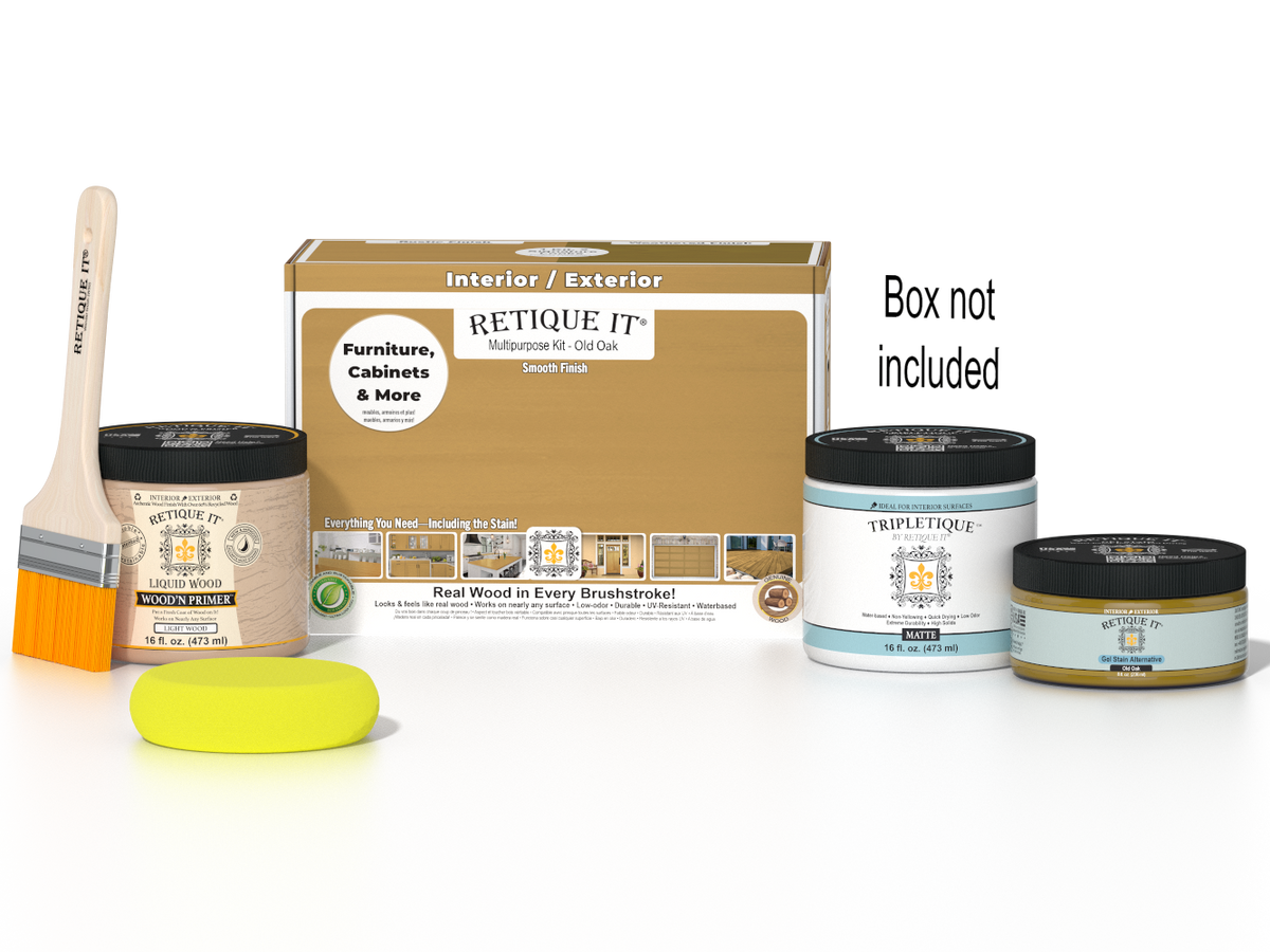 Retique It® Multi-purpose Smooth Finish Kit in Old Oak for interior wood top coating, shown with application tools and wood sample.