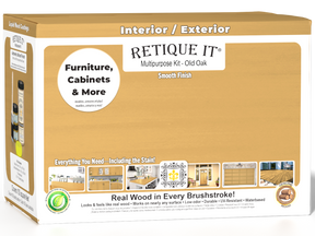 Retique It® Multi-purpose Smooth Finish Kit (Large) in Old Oak wood stain with applicator brushes and finishing tools.