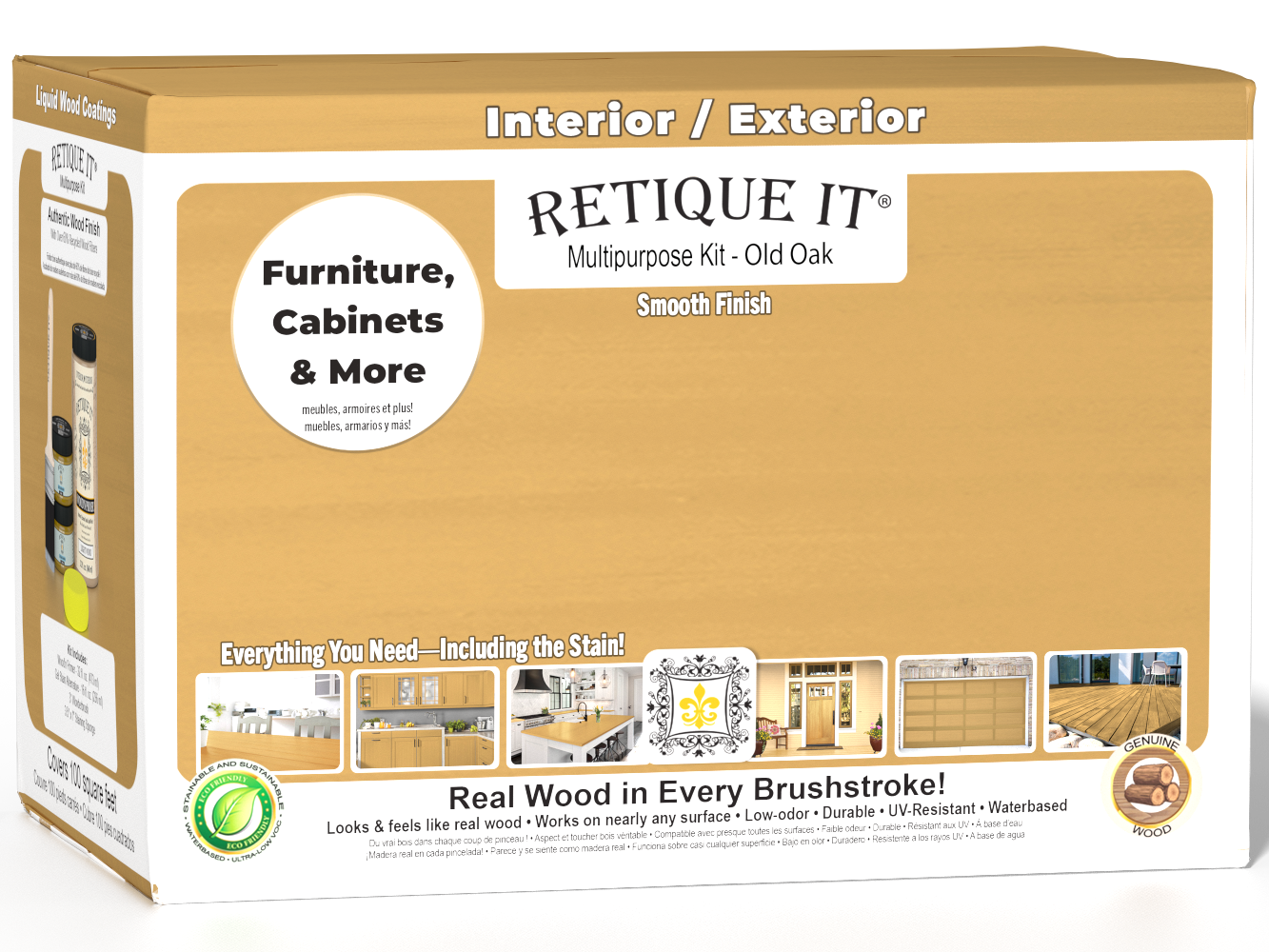 Retique It® Multi-purpose Smooth Finish Kit (Large) in Old Oak for exterior top coat with matte finish, wood finishing tools included.