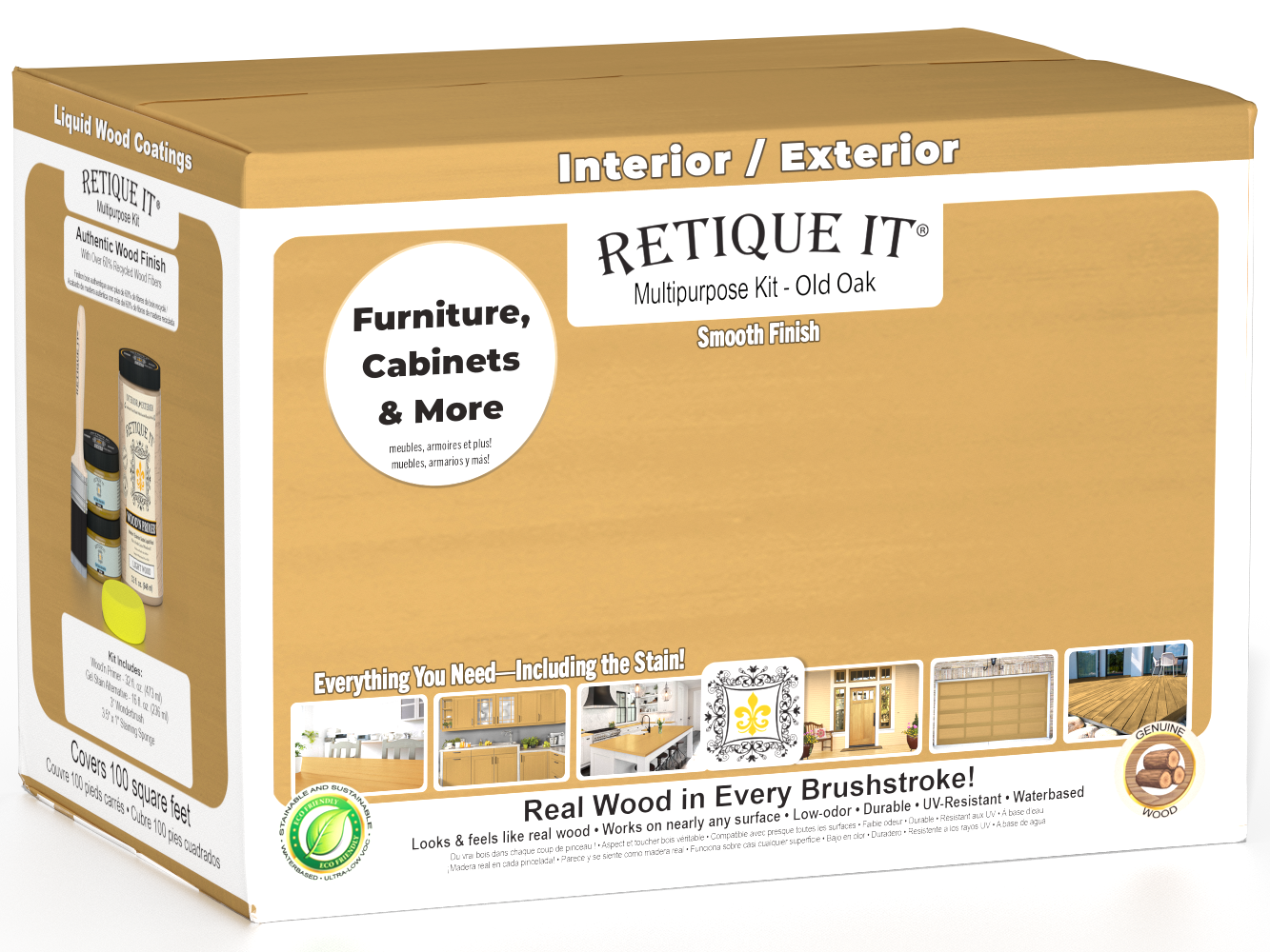 Retique It® Wood'n Cabinet Kit in Old Oak stain, 12 smooth cabinet doors with a natural wood finish for kitchen or bathroom cabinets.