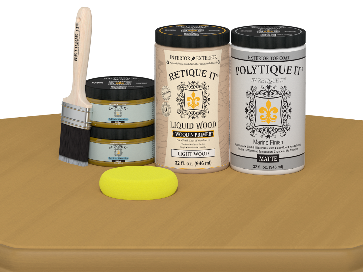 Retique It® Multi-purpose Smooth Finish Kit (Large) in Old Oak, exterior top coat for wood furniture with a matte finish.