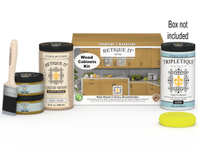 Retique It® Wood'n Cabinet Kit with 12 smooth doors in Old Oak stain, shown with packaging and cabinet components.