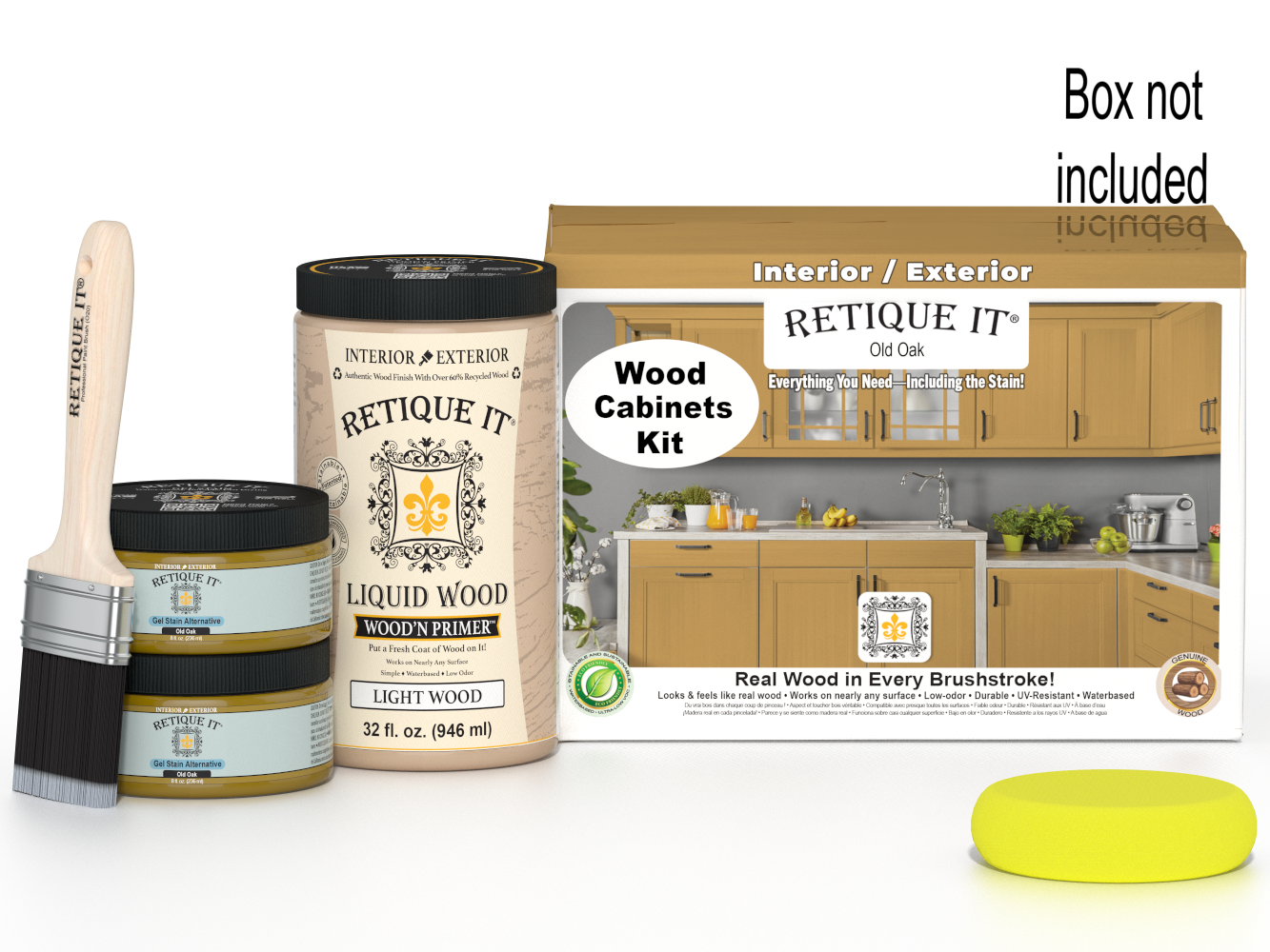 Retique It® Wood'n Cabinet Kit with 12 smooth Old Oak stained cabinet doors, shown with packaging and tools.