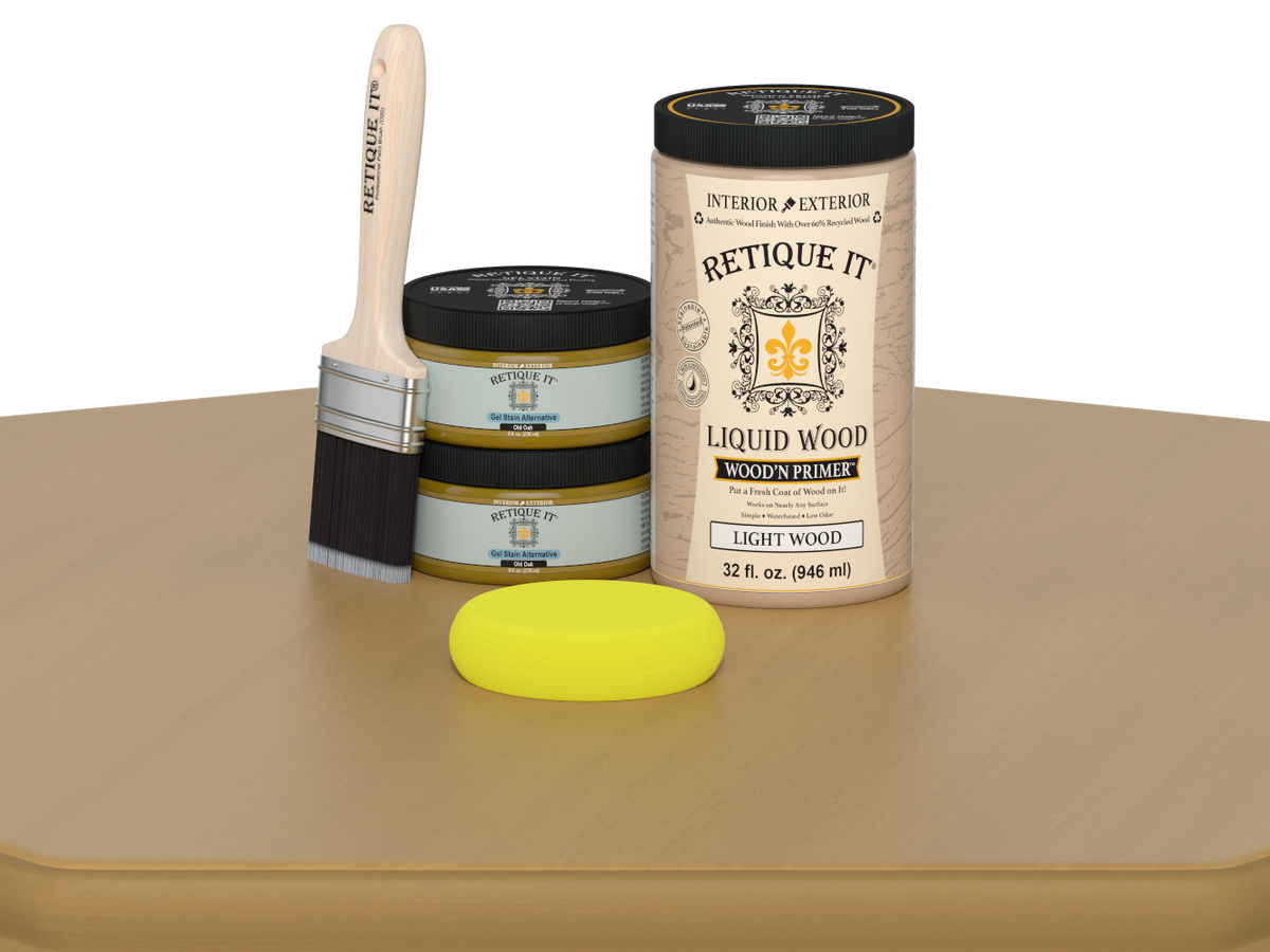 Retique It® Multi-purpose Smooth Finish Kit (Large) in Old Oak, showing a wood finish application on a table surface.