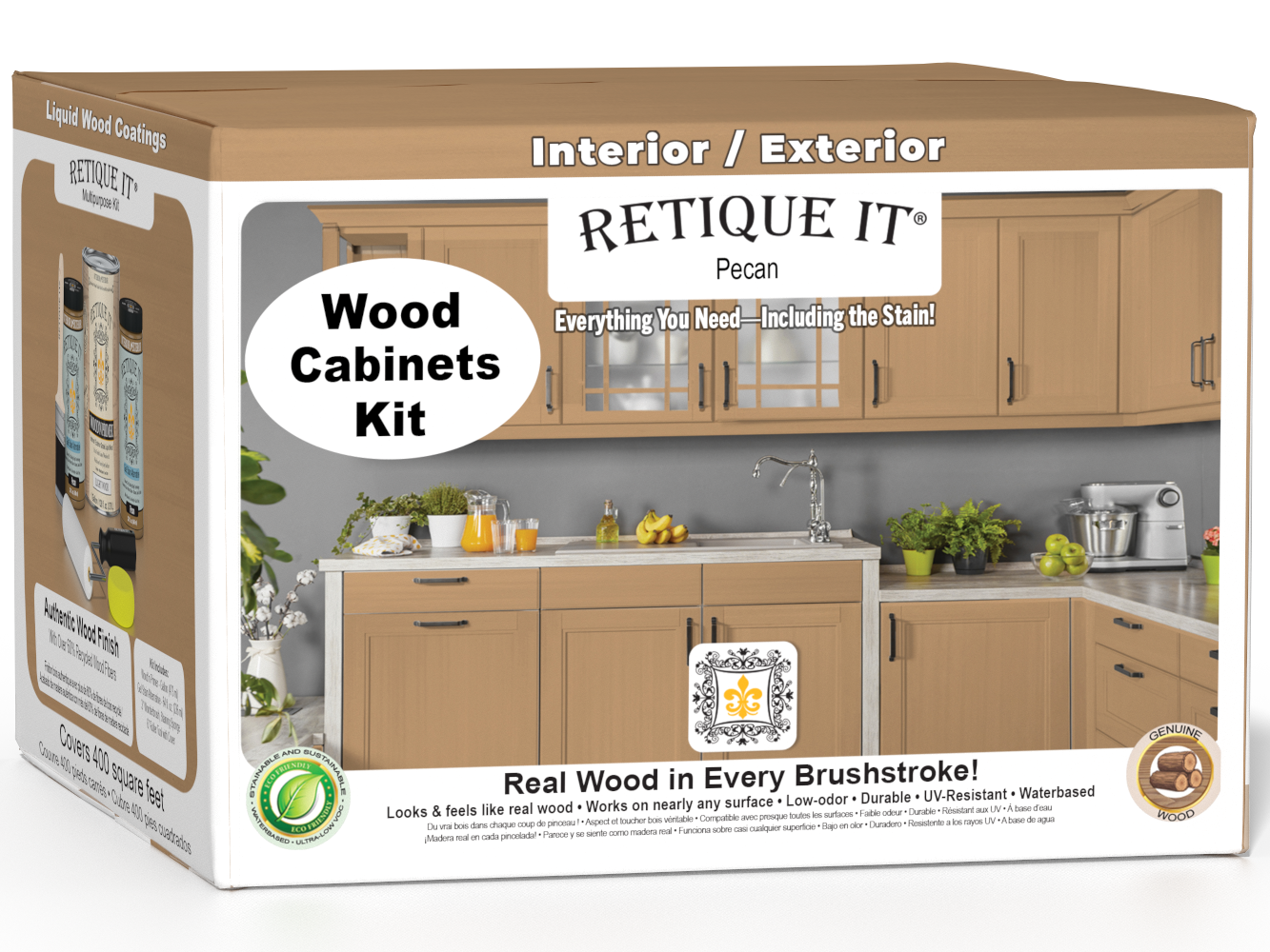 Retique It® Wood'n Cabinet Kit in Pecan with 48 smooth doors, stain for wood cabinets, shown in box with cabinet images.