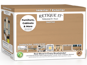 Retique It® Multi-purpose Smooth Finish Kit in Pecan with 4 large exterior top coat bottles, matte wood finish, in a box.