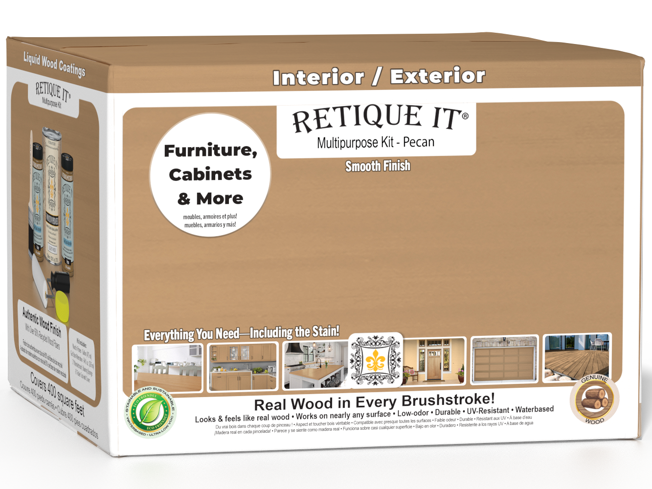 Retique It® wood finish kit with four large Pecan interior top coat bottles in a box for multi-purpose smooth wood finishing.