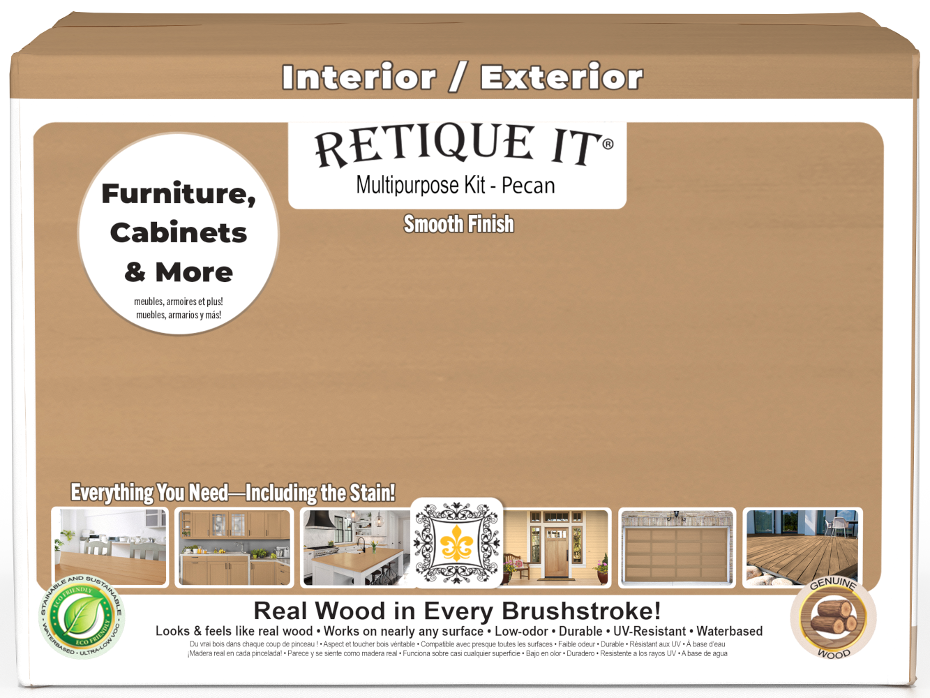 Retique It® wood finish kit with four large pecan exterior top coat bottles, smooth matte finish for wood surfaces.