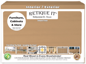 Retique It® wood finish kit with four large pecan exterior top coat bottles, smooth matte finish for wood surfaces.