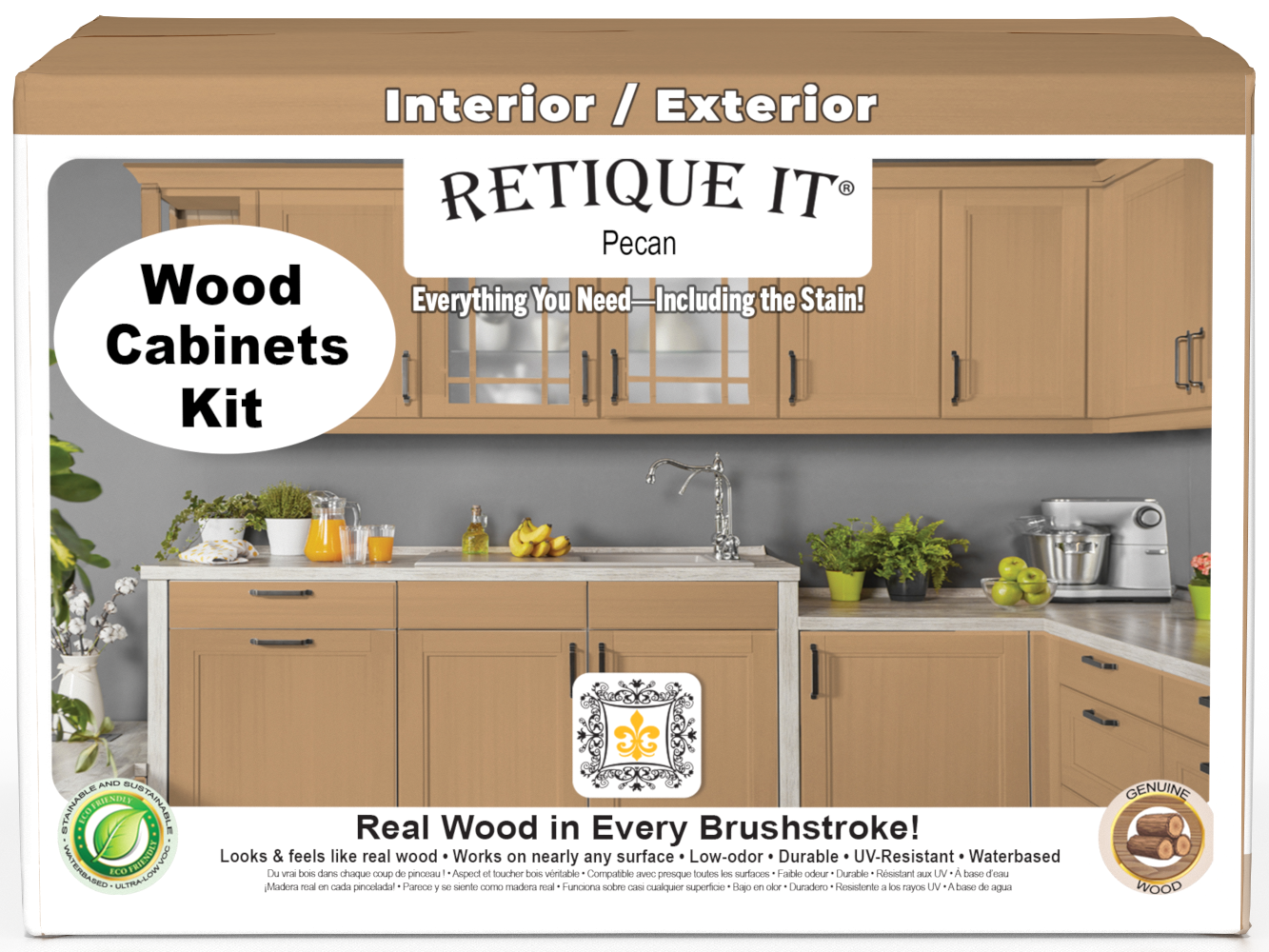Retique It® Wood'n Cabinet Kit with 48 smooth pecan stained cabinet doors for a modern kitchen update.