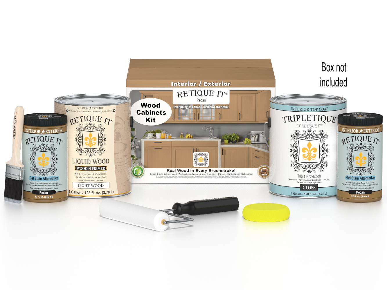 Retique It® Wood'n Cabinet Kit with 48 smooth pecan stained cabinet doors, ideal for kitchen or bathroom cabinetry.