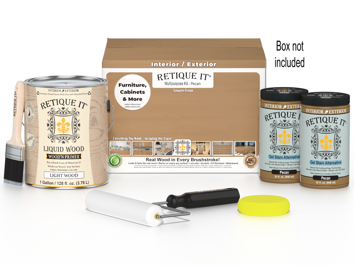 Retique It® Multi-purpose Smooth Finish Kit in Pecan, large size, with four wood finish bottles and application tools.