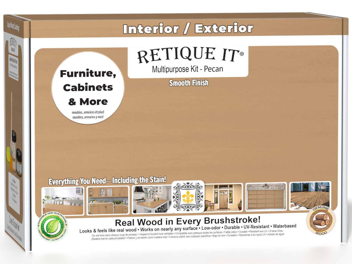 Retique It® Multi-purpose Smooth Finish Kit (Med) in Pecan for exterior wood projects, featuring a matte top coat in a box.