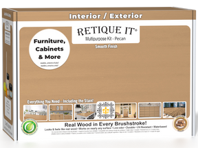 Retique It® Multi-purpose Smooth Finish Kit in Pecan for wood finishing, shown in a box with application tools and product details.