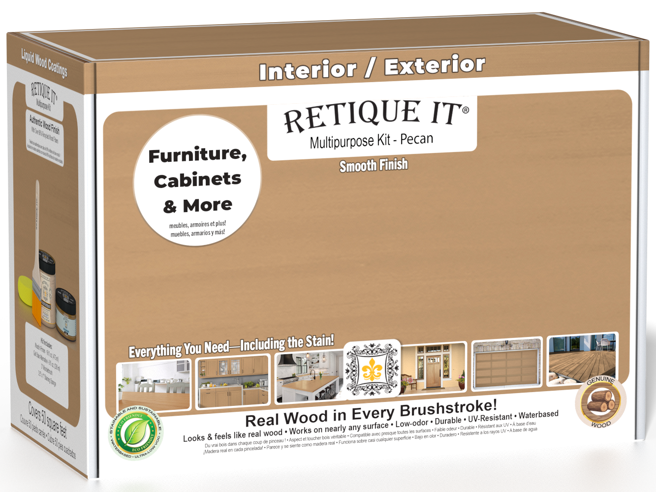 Retique It® Multi-purpose Smooth Finish Kit (Med) in Pecan, wood finish kit with applicator tools and finish options inside a box.