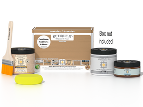 Retique It® Multi-purpose Smooth Finish Kit in Pecan for exterior wood, includes top coat and application tools.