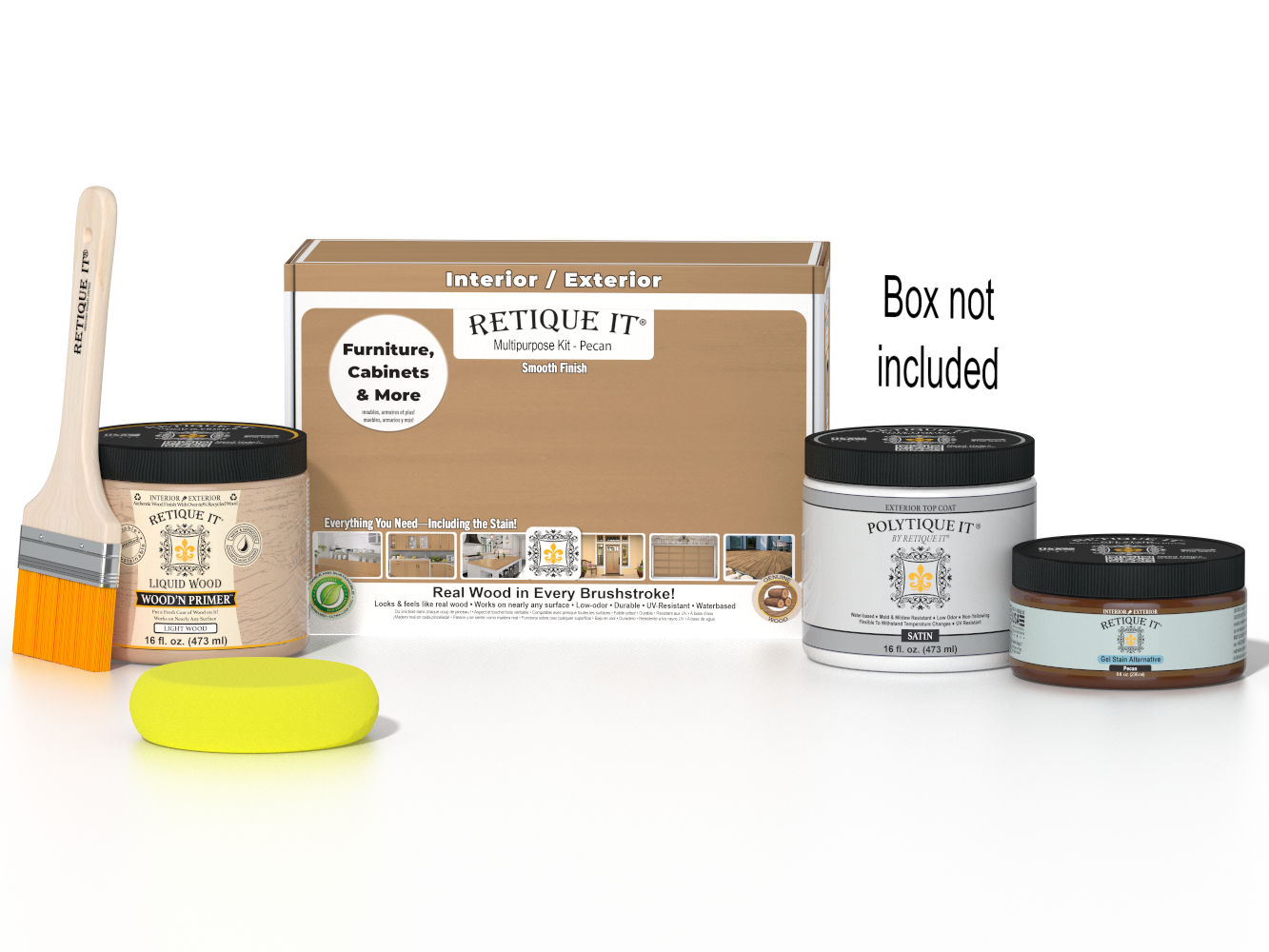 Retique It® Multi-purpose Smooth Finish Kit in Pecan for exterior wood surfaces, includes top coat and application tools.