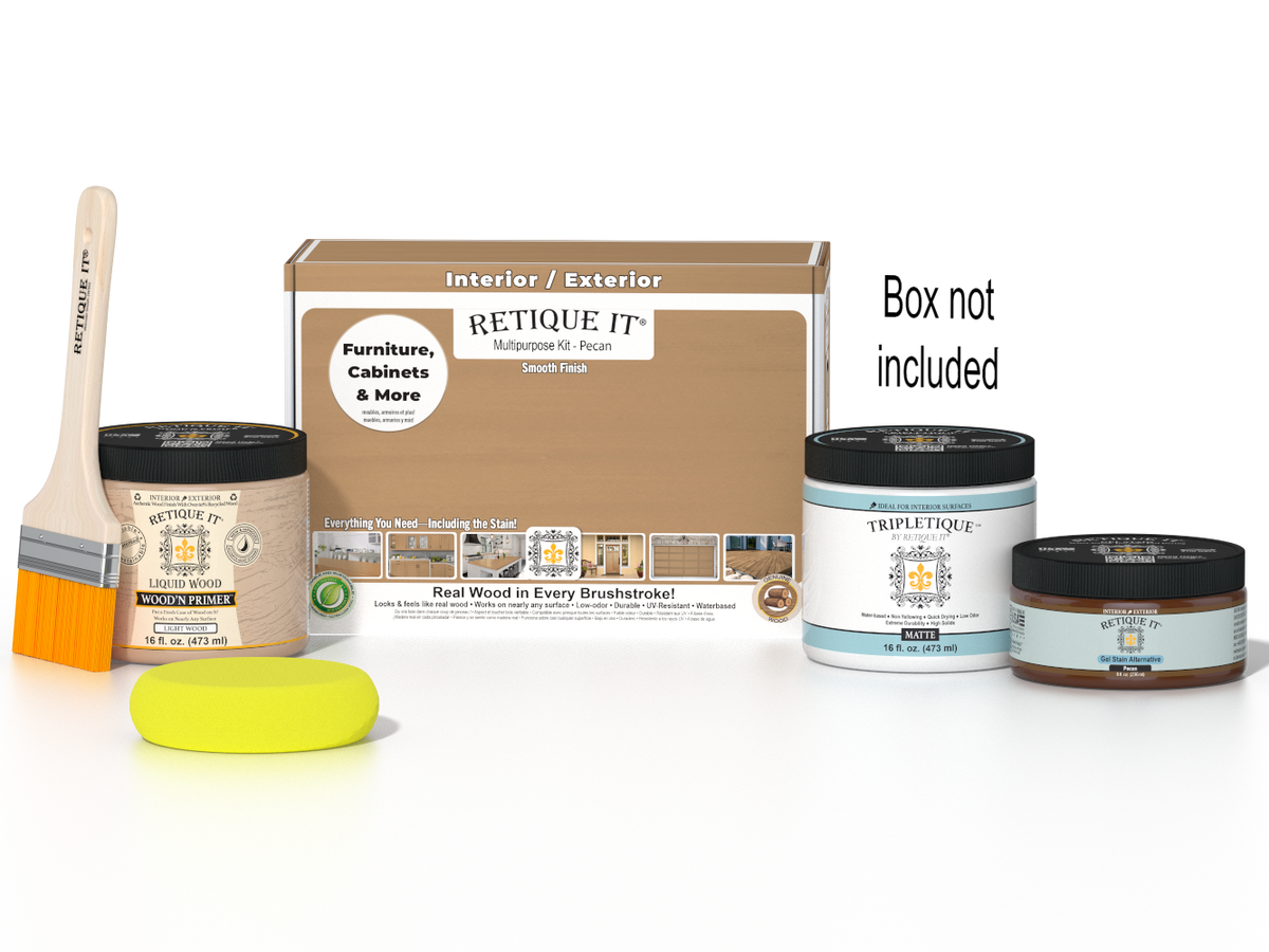 Retique It® Multi-purpose Smooth Finish Kit in Pecan for interior wood top coating, includes wood finish and application tools.