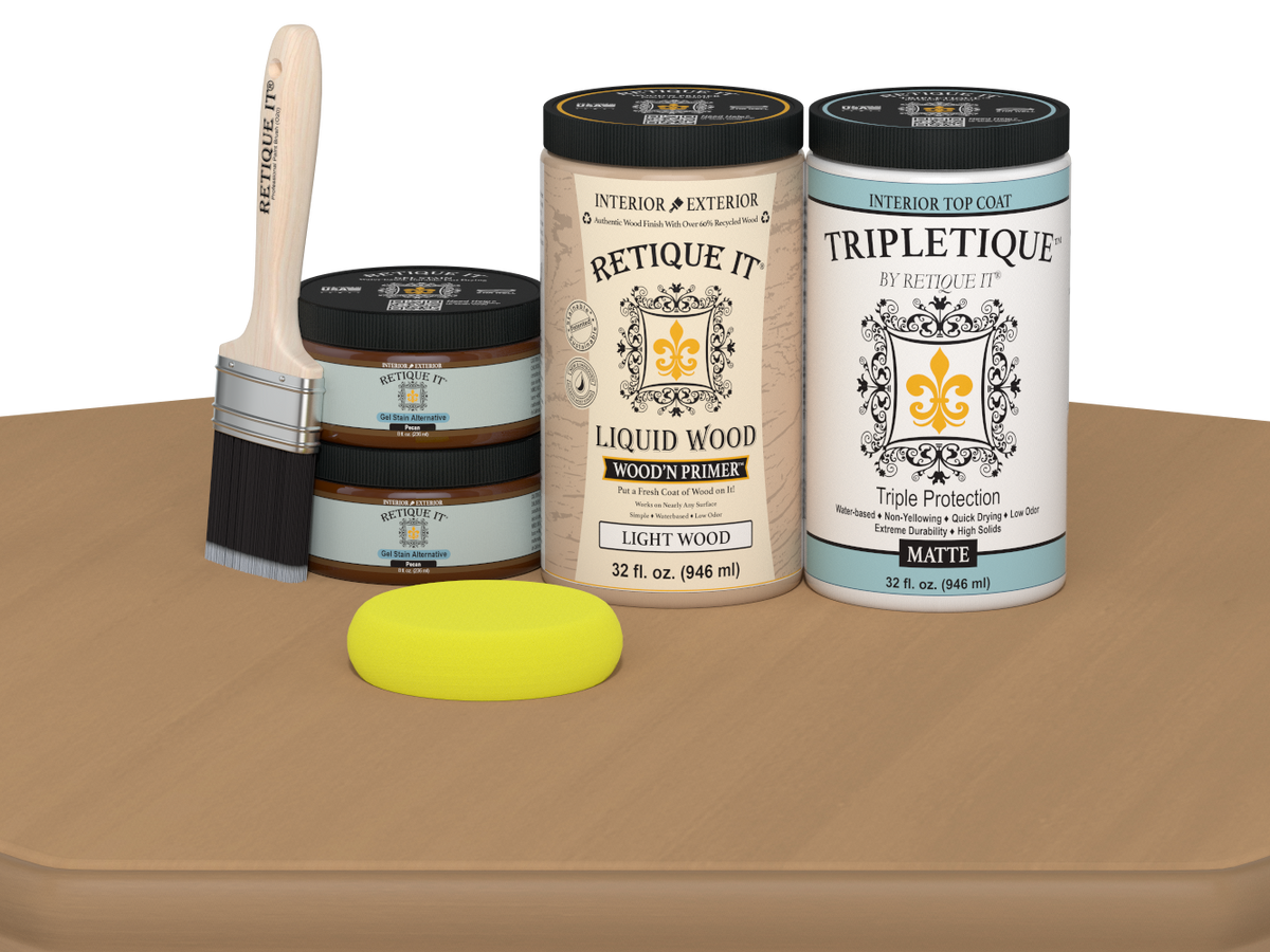 Large Pecan Multi-purpose Smooth Finish Kit by Retique It® for interior wood top coats, featuring a matte finish and complete application tools.