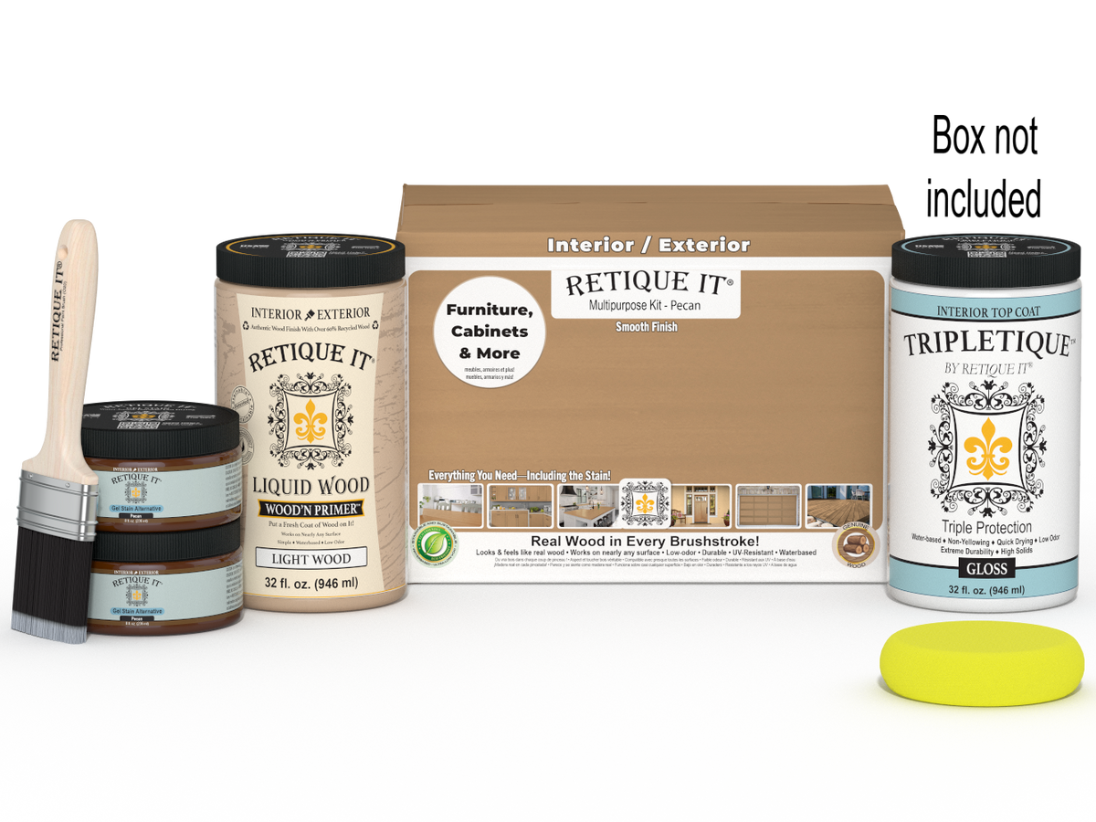 Large Pecan Multi-purpose Smooth Finish Kit by Retique It for wood interior top coating, includes tools and materials in box.
