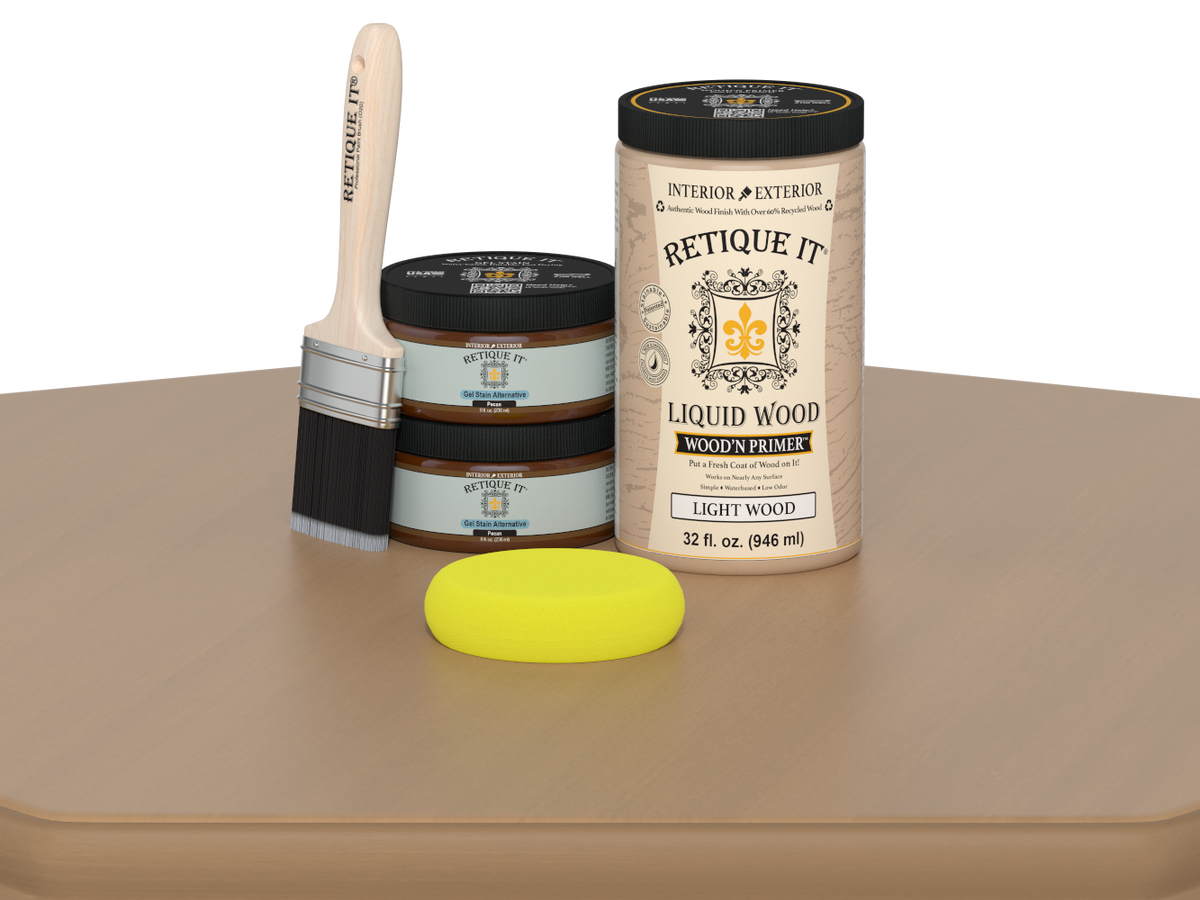 Retique It® Wood'n Cabinet Kit in Pecan stain, 12 smooth cabinet doors with wood grain finish, ideal for kitchen or bathroom cabinets.