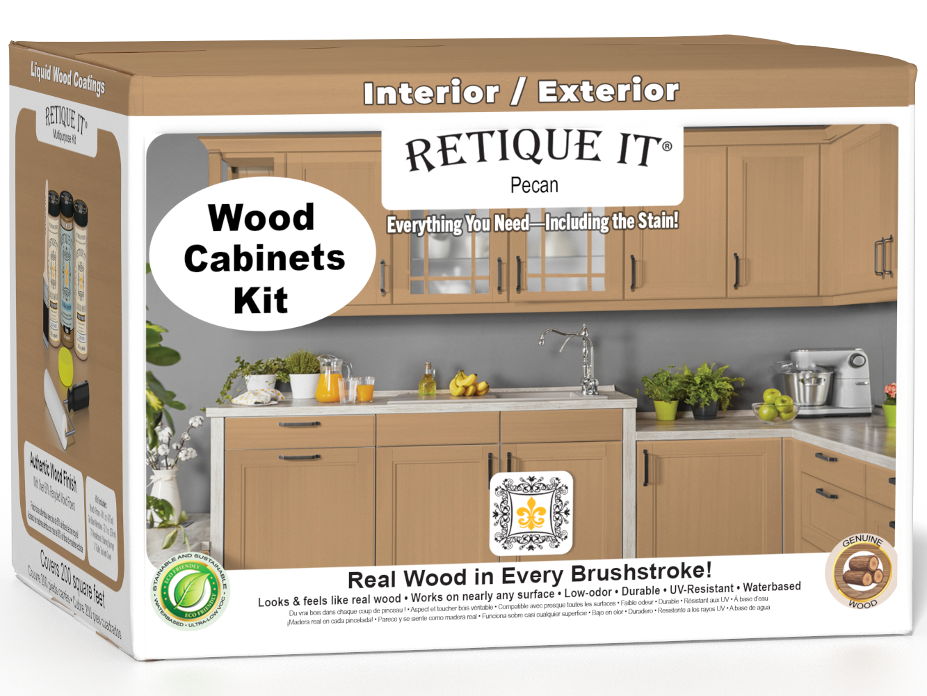 Retique It® Wood'n Cabinet Kit in Pecan with 24 smooth doors, stain for cabinetry, shown in box with cabinet doors.