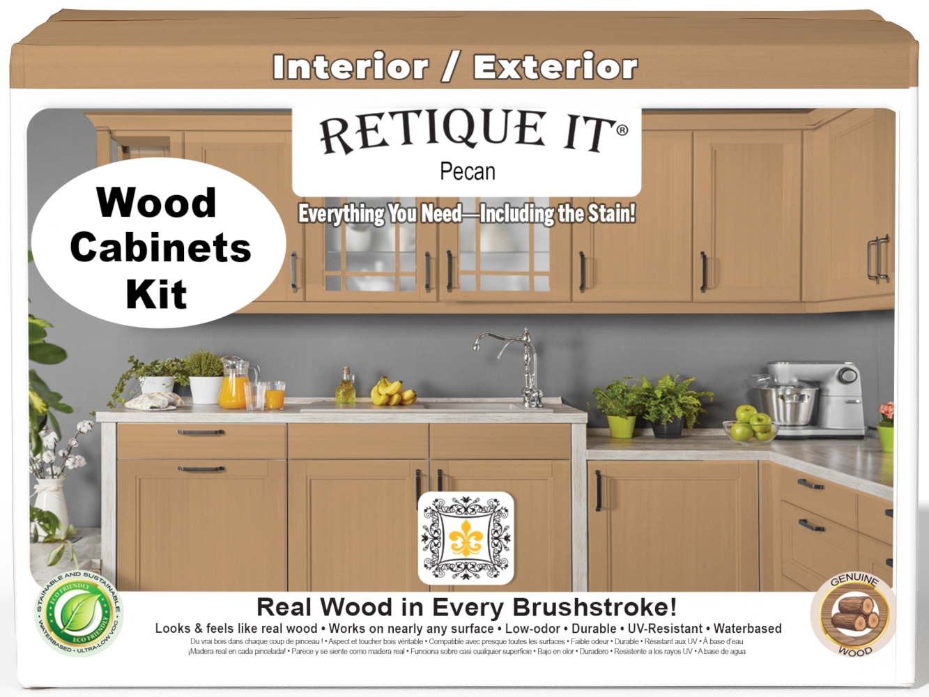 Retique It® Wood'n Cabinet Kit with 24 smooth pecan stain doors, showcasing natural wood grain and cabinet front design.