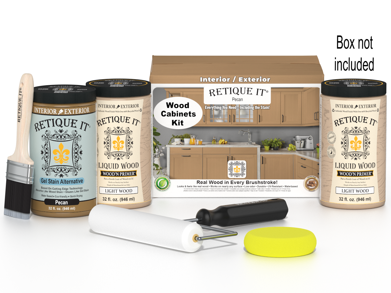 Retique It® Wood'n Cabinet Kit with 24 smooth pecan stained cabinet doors, showcasing natural wood grain and finish.