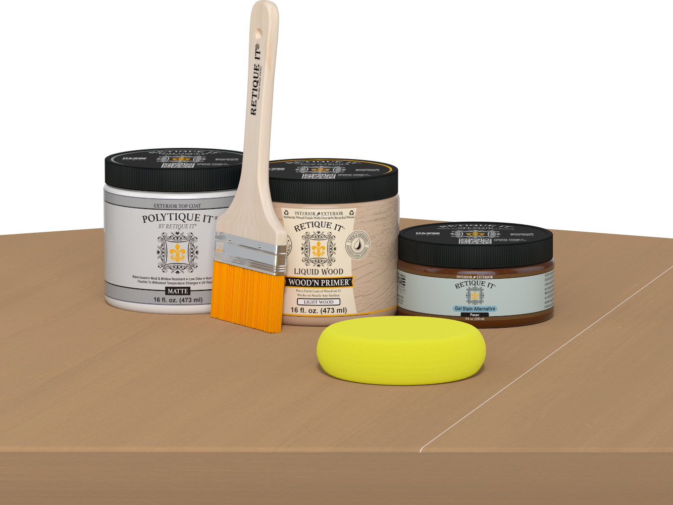 Retique It® Multi-purpose Smooth Finish Kit in Pecan for exterior wood projects, featuring a matte top coat and wood finish components.