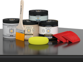 Retique It® wood finish kit with black top coat, featuring smooth, glossy exterior wood surface on a table.