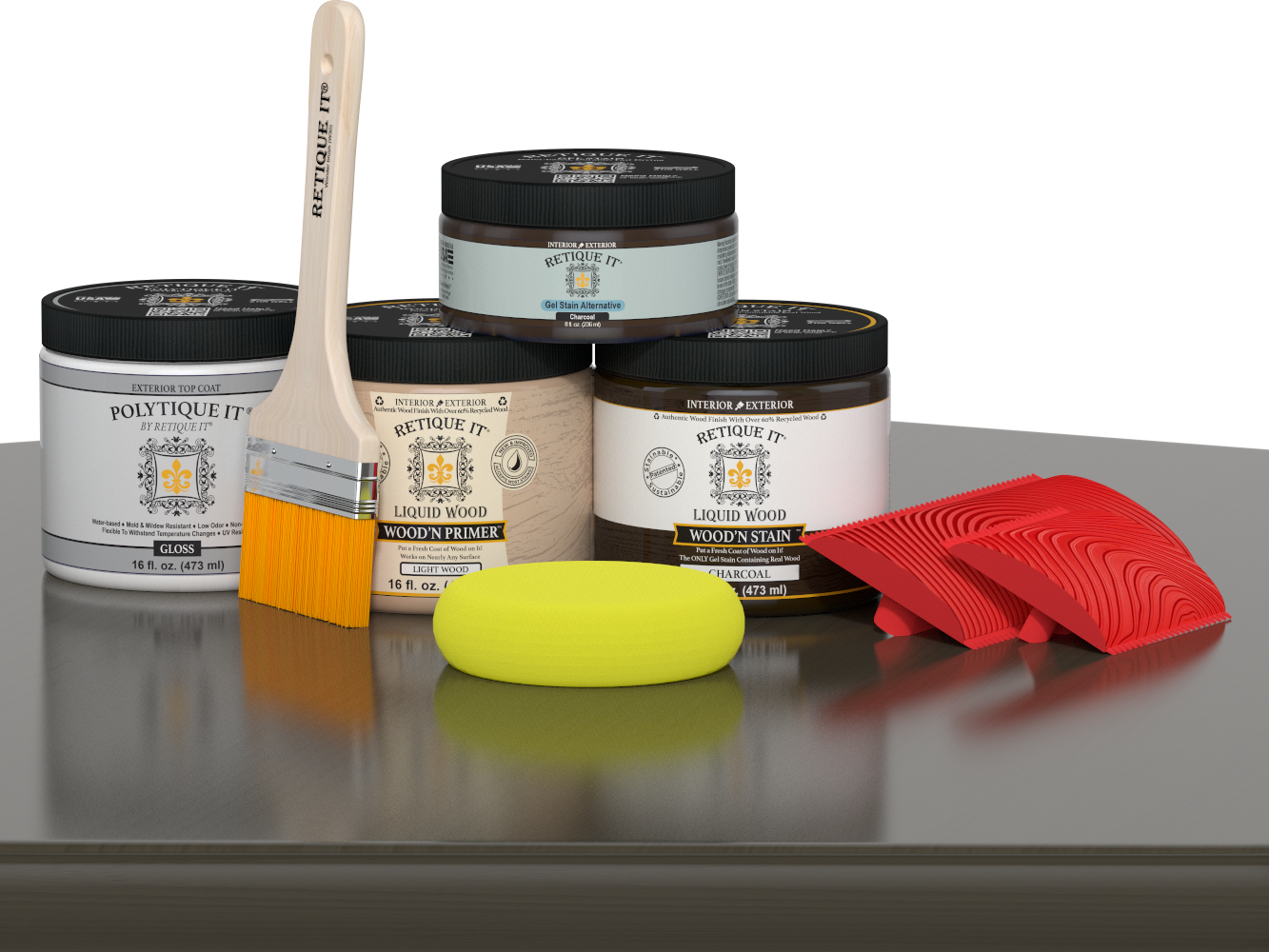 Retique It® Wood'n Kit Multi-purpose exterior top coat in charcoal finish, shown on a wooden table surface.
